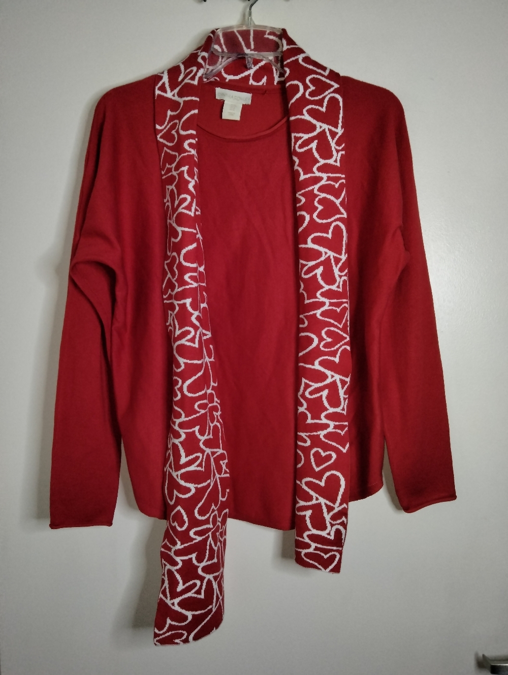 Cynthia Rowley (Size M) Red Stretch (2PC) Novelty Heart Scarf LS Tunic Sweater